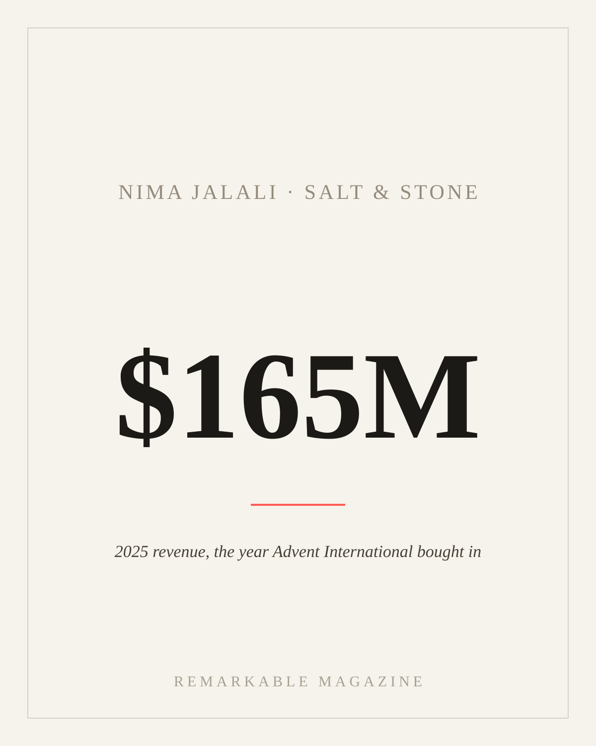 Typographic card reading '$165M' with the caption '2025 revenue, the year Advent International bought majority control,' labeled Nima Jalali · Salt & Stone